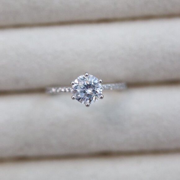S925 Solitaire 6-Prong 6mm CZ AAA Ring with Side Stones Sterling Silver Stamped - Picture 1 of 6